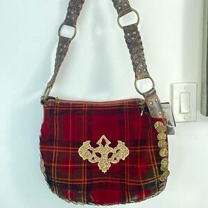 BETSEY JOHNSON Large Plaid Velvet Bag Red NEW